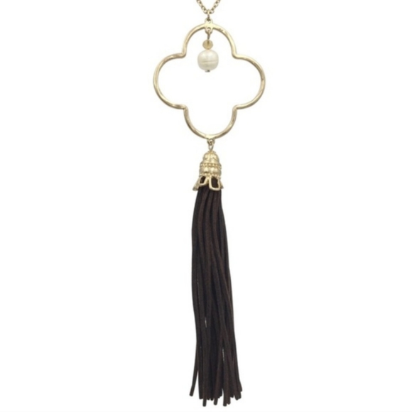QUADREFOIL WITH GREATER PEARL, BROWN TASSEL LONG NECKLACE IN GOLDTONE - Picture 2 of 3
